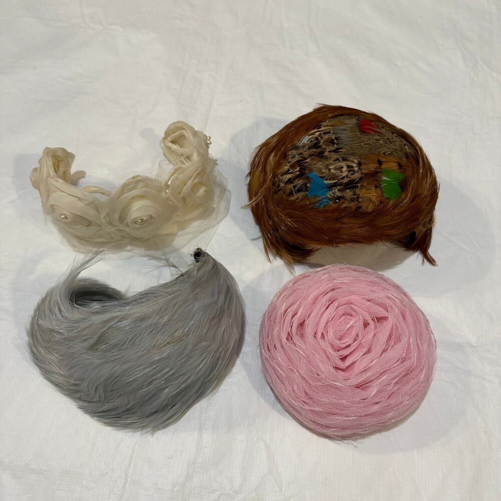 Vintage Hats Lot of 4 Blue Feathers Pheasant Pink Pillbox Cream Rosette Headband